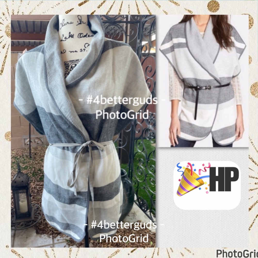 Hinge Nord | Gray & White Lightweight Stripe Vest Cape Wrap Poncho + Belt XS SM